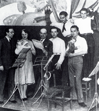 Cipriano Rivas Cherif, Eva Aggerholm, Daniel Vázquez Díaz, Ernesto Halffter, Juan Manuel Díaz Caneja, José Caballero i Rafael Vázquez Aggerholm, a l’estrena a Espanya de Història d’un soldat, d’Igor Stravinsky, Madrid, 11 de juny de 1931.