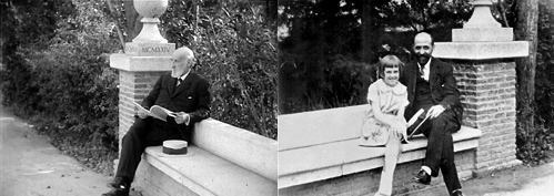 Left: Santiago Ramón y Cajal, Residencia de Estudiantes. Photo from Luis Araquistáin’s documentary ¿Qué es España? 1929. Right: Juan Ramón Jiménez with a girl, probable his niece, Inés Camprubí, on the bench designed by Juan de Winthuysen and donated by the duke of Alba, at the Residencia’s entrance. Summer 1924.