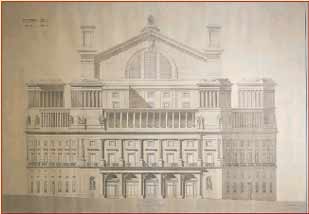 Fachada a la plaza de Isabel II. Proyecto de consolidación 
y reforma del Teatro Real de Madrid, 1926.  
Aguada sobre papel, 128 x 183 cm. 
Colección particular, Madrid