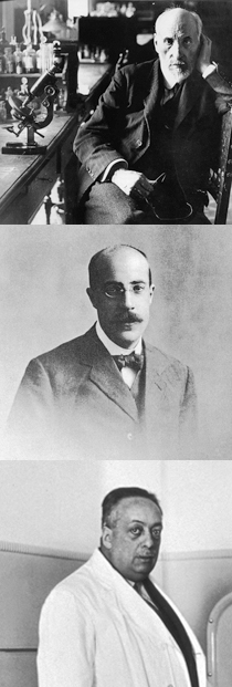 De arriba a abajo, Santiago Ramón y Cajal en los laboratorios de la JAE hacia 1920; José Castillejo hacia 1920; y Blas Cabrera, director del Instituto Nacional de Física y Química, en su laboratorio, 1932.