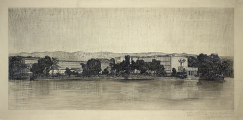 Le Corbusier y Pierre Jeanneret, perspectiva del proyecto del palacio de la Sociedad de Naciones desde el lago Lemán, donde se aprecia el interés por su integración en el paisaje, 1927. Lápiz y carboncillo sobre papel, 73,7 x 185,3 cm. Fondation Le Corbusier, París.