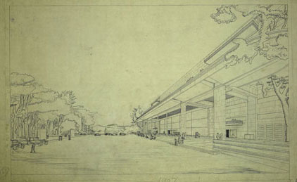 Le Corbusier y Pierre Jeanneret, perspectiva del exterior del edificio de la Gran sala de Asambleas del proyecto del palacio de la Sociedad de Naciones en el que puede verse el muelle de acceso con su marquesina, que define un paseo cubierto para los periodistas que acudan a las sesiones, 1927. Tinta china y lápiz sobre papel de calco, 59 x 94 cm. Fondation Le Corbusier, París.
