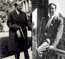 Vicente Aleixandre en la puerta central del Museo del Prado, 1928. A la derecha, Severo Ochoa en la balconada del Pabellón Transatlántico en la Residencia de Estudiantes, Madrid, hacia 1930