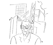Caricatura de Le Corbusier realizada por Daniel Vázquez Díaz y publicada en el Heraldo de Madrid, 12 de mayo de 1928. Hemeroteca Nacional, Madrid.
