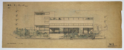 Le Corbusier y Pierre Jeanneret, alzado de las fachadas oeste de las dos casas de la colonia Weissenhof con sombreado, vegetación y dimensiones, 1927. Lápices de colores y tinta china sobre papel de calco, 26,5 x 67 cm. Fondation Le Corbusier.