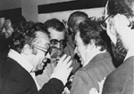 De izquierda a derecha: Luciano Rincón, Roberto Mesa, Fernando Claudín y Juan Martínez Alier. Madrid, 7 junio de 1978